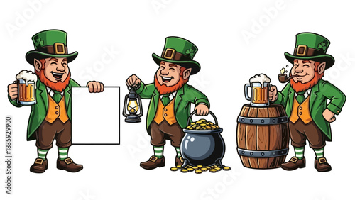 Three cartoon leprechauns celebrating St Patrick's Day