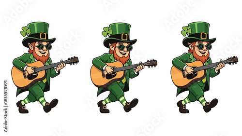 Three cartoon leprechauns in green suits and hats, wearing sunglasses and playing acoustic guitars, walk in a line, bringing festive music and Irish cheer to celebrations