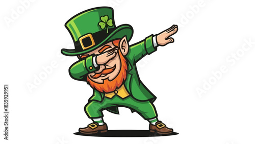 Joyful cartoon leprechaun illustration with a vibrant red beard and green suit, performing a fun dab pose with a lucky shamrock on a festive hat