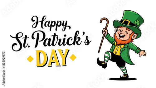 Joyful leprechaun cartoon with traditional Irish attire celebrating good luck, perfect for festive holiday designs and cultural event greetings