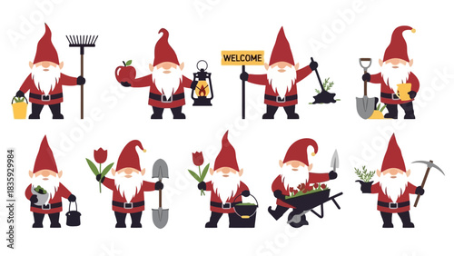 Charming Garden Gnomes with Gardening Tools and Welcome Sign