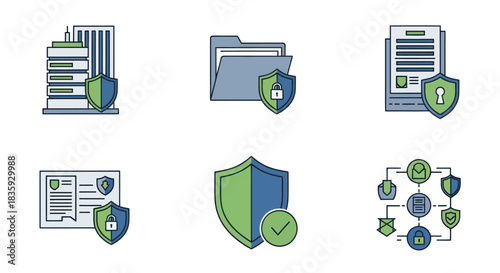 Security Icons Set: Building Folder Document ID Card Shield Network Protection.