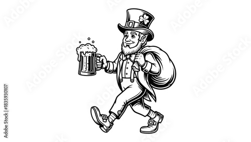 Vintage style black and white illustration of a cheerful leprechaun walking with a mug of beer and a sack