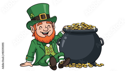 A cheerful cartoon leprechaun in a green suit sitting next to a large pot of gold coins