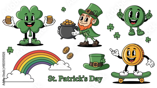Whimsical Cartoon Characters and Symbols Celebrating Irish Culture, Luck, and Festive Holiday Cheer with Retro Style