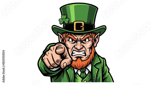 Irish Leprechaun character pointing forward with an aggressive expression and wearing a green hat and suit