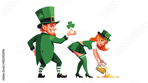 Playful St. Patrick's Day vector illustration showing a cheerful celebration moment turning comical as a character accidentally spills a mug of golden beer