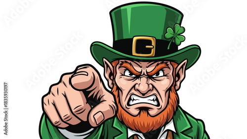 Furious leprechaun with a red beard and green hat pointing his finger in an aggressive gesture