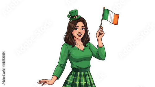 Woman Celebrating Saint Patrick's Day with Irish Flag and Festive Attire in Cartoon Style