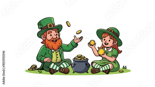 A leprechaun and a young girl in green outfits are sitting on grass, surrounded by gold coins, with a pot of gold between them.