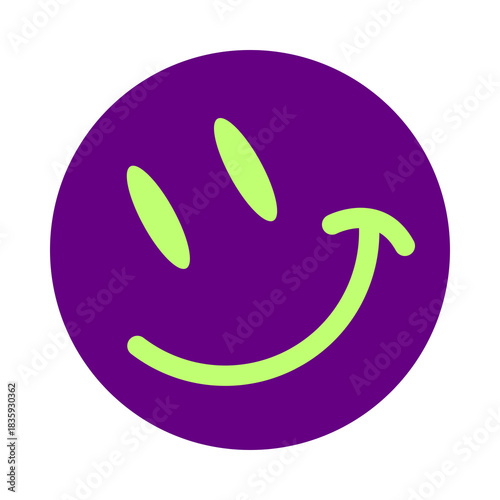 Purple smiley face with lime green eyes and mouth isolated on transparent background