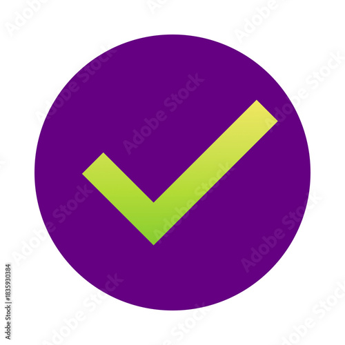 Green check mark inside a purple circle isolated on transparent background