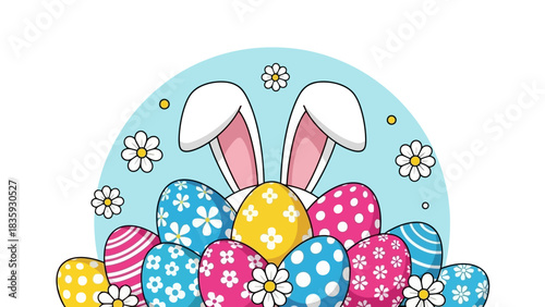 Vibrant Easter eggs with bunny ears and daisies, symbolizing spring and celebration