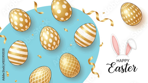A festive Easter celebration concept with shiny golden eggs, confetti, and rabbit ears on a light blue surface