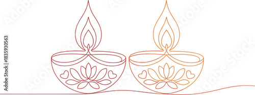 Two minimalist line art diwali lamps with floral and heart motifs