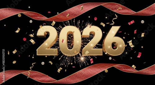 Golden 2026 Celebration with Sparkling Fireworks and Ribbons