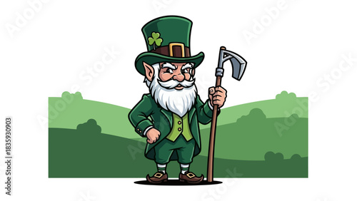 Leprechaun Standing with Axe in Green Suit and Hat