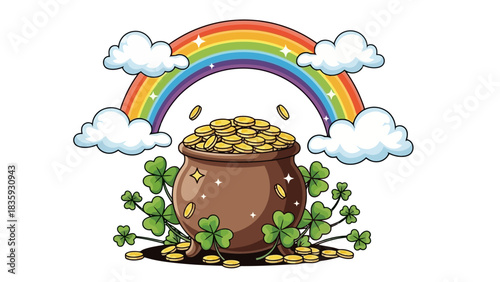 Vibrant cartoon illustration of a magical pot of gold treasure at the end of a colorful rainbow, nestled among lucky green shamrocks and fluffy white clouds, symbolizing fortune and Irish folklore