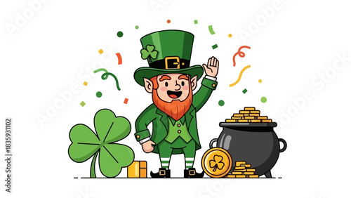 Leprechaun with Pot of Gold and Shamrock for St