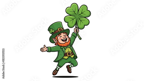 Cheerful cartoon leprechaun in green suit and top hat happily jumping and holding a lucky four-leaf clover, symbolizing good fortune and St. Patrick's Day celebration