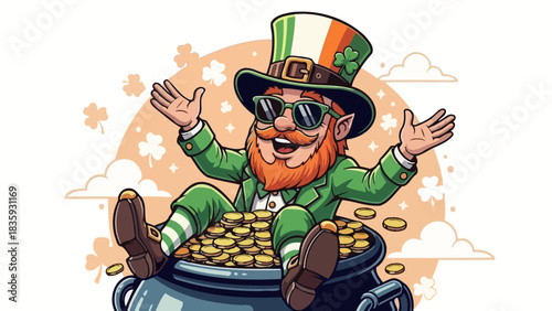 Cheerful cartoon leprechaun character in sunglasses relaxing on a large pot of gold coins