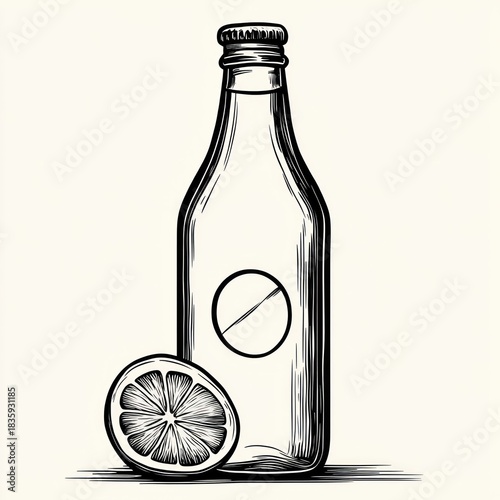 Black and white sketch of a glass bottle with a round tablet symbol on it and a sliced citrus fruit placed next to the bottle, simple hand-drawn style