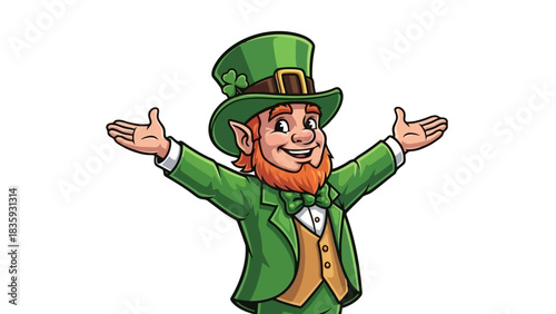 Leprechaun character wearing a green hat and suit, with arms outstretched in a welcoming gesture