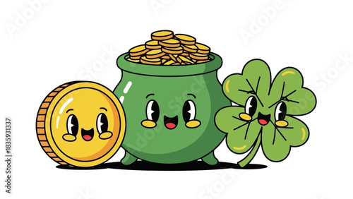 Charming cartoon illustration featuring a happy pot of gold, a smiling gold coin, and a cheerful four-leaf clover for good luck