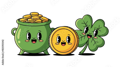 Charming cartoon illustration featuring a happy pot of gold, a smiling gold coin, and a cheerful four-leaf clover for good luck