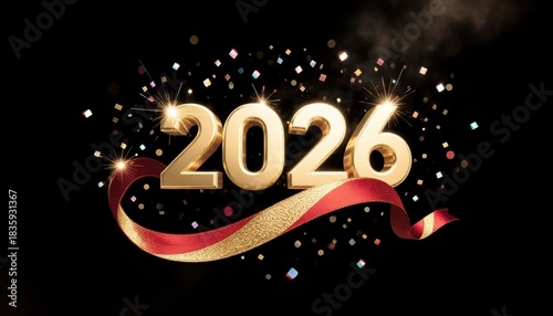 Golden 2026 Celebration with Sparkling Fireworks and Ribbon