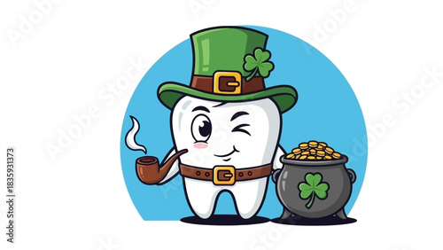 Cute winking tooth character celebrating St