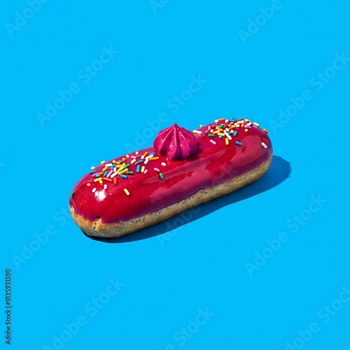 Vibrant pink eclair, richly glazed and adorned with colorful sprinkles, presented as a delicious and sweet dessert treat against a striking bright blue background