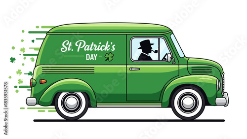 Charming retro green van delivering holiday spirit and good fortune, illustrated with speed lines and Irish cultural symbols for festive celebrations
