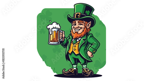 Smiling cartoon leprechaun in traditional green attire celebrating St. Patrick's Day with a refreshing mug of frothy beer, surrounded by lucky shamrocks, a vibrant festive illustration	