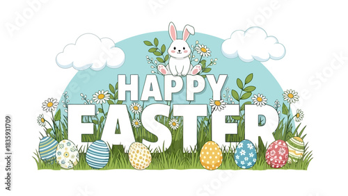 Adorable white bunny sitting in a field of daisies with colorful painted eggs, a festive spring holiday celebration greeting card design