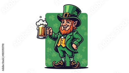 Smiling cartoon leprechaun in traditional green attire celebrating St. Patrick's Day with a refreshing mug of frothy beer, surrounded by lucky shamrocks, a vibrant festive illustration
