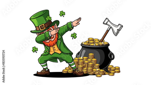 Leprechaun Dabbing with Pot of Gold – Cartoon Vector Illustration