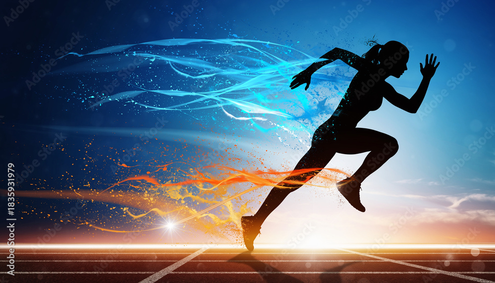 Naklejka premium Silhouette of a sprinting athlete with energetic trails of light, motion.