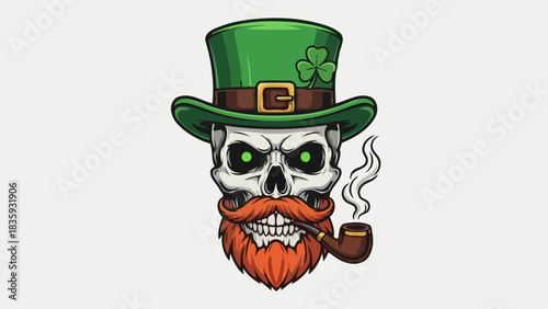 Illustration of a leprechaun skull with a green top hat, ginger beard, and smoking pipe for Saint Patrick's Day
