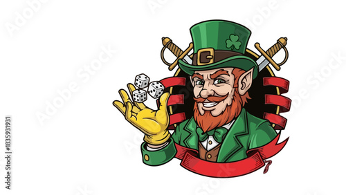Charming illustration of a cheerful Irish character holding dice, symbolizing luck and prosperity for games of chance and entertainment with a festive spirit