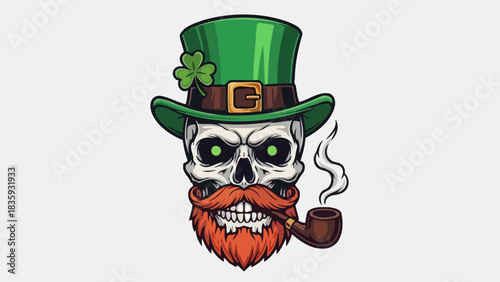 A cool and edgy St. Patrick's Day leprechaun skull with a vibrant red beard and smoking pipe illustration
