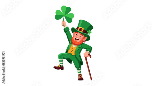 Whimsical cartoon leprechaun character in vibrant green attire, joyfully holding up a lucky three-leaf clover, embodying festive spirit and Irish folklore