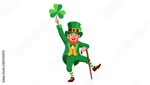 Cheerful cartoon leprechaun with a green hat and shamrock, embodying good luck and festive Irish folklore, perfect for holiday-themed designs and cultural celebrations