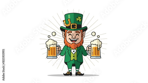 A cheerful leprechaun dressed in green holding two frothy mugs of beer, celebrating Saint Patrick's Day with a lucky horseshoe on his hat