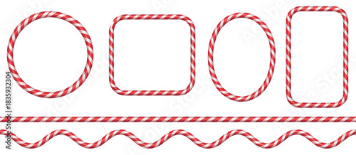 Candy cane borders in square, circle, and oval shapes,  christmas candy frames with red and white stripes, festive lollipop pattern brush, ideal for holiday cards, seasonal decorations, 