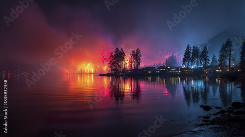 Fireworks display over lakeside with colorful reflections on calm water and silhouetted trees creating peaceful and vibrant night scene