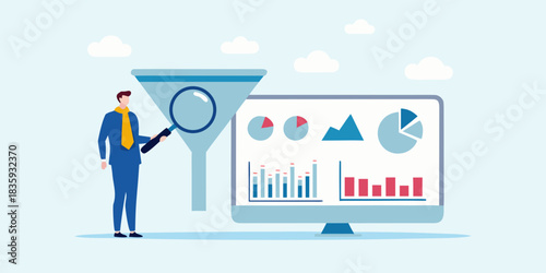 Data analysis and filtering for business insights with magnifying glass and funnel