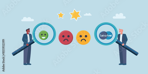 Customer satisfaction survey with magnifying glass and happy neutral and unhappy faces