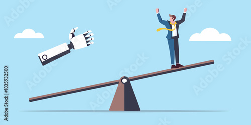 Man on seesaw balanced by robot arm automation and human labor