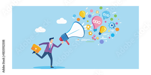 Businessman with megaphone spreading ideas and innovation for business growth